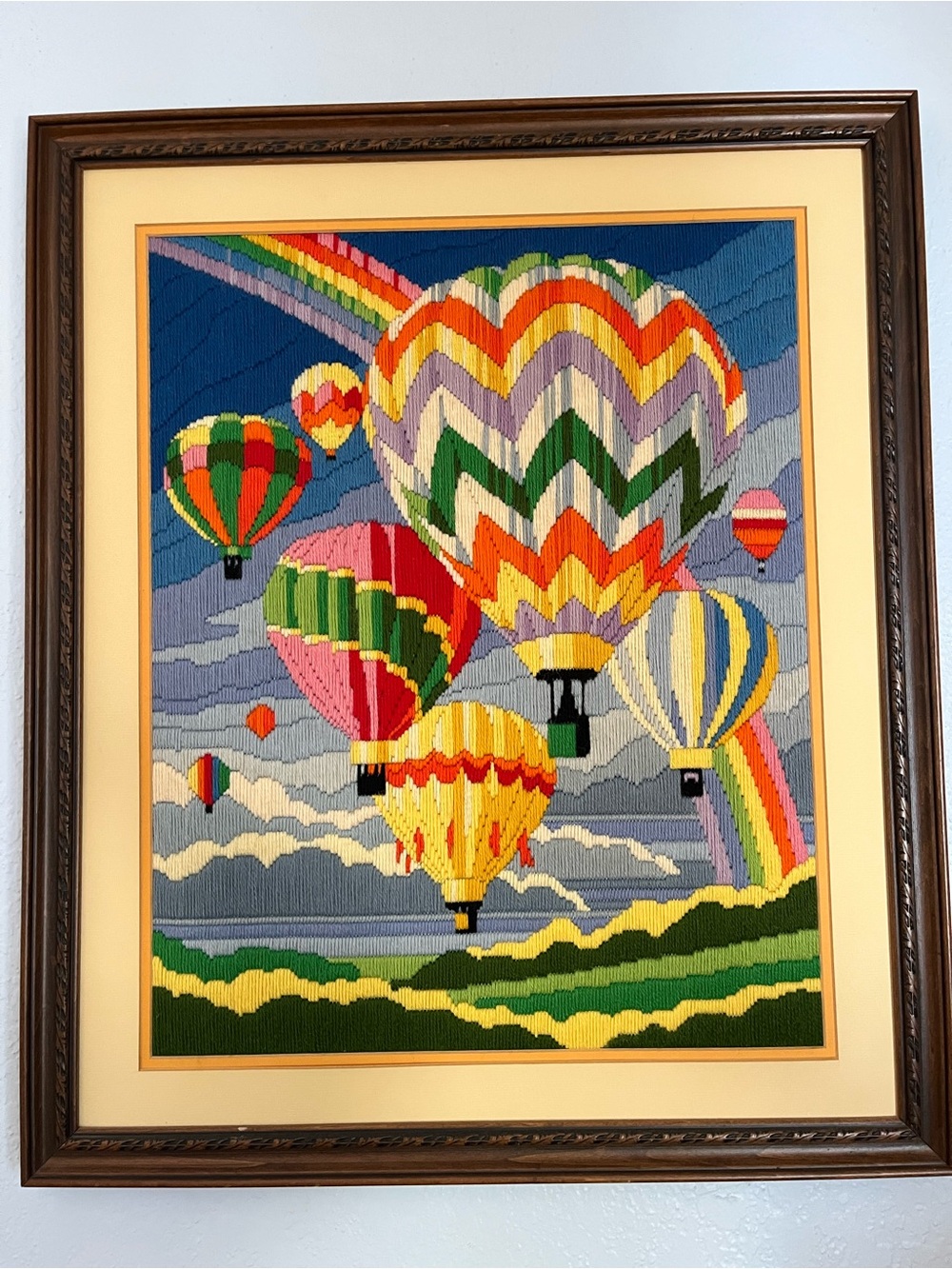 Vintage Whimsical hot air balloon “Always Chasing Rainbows" needlepoint art